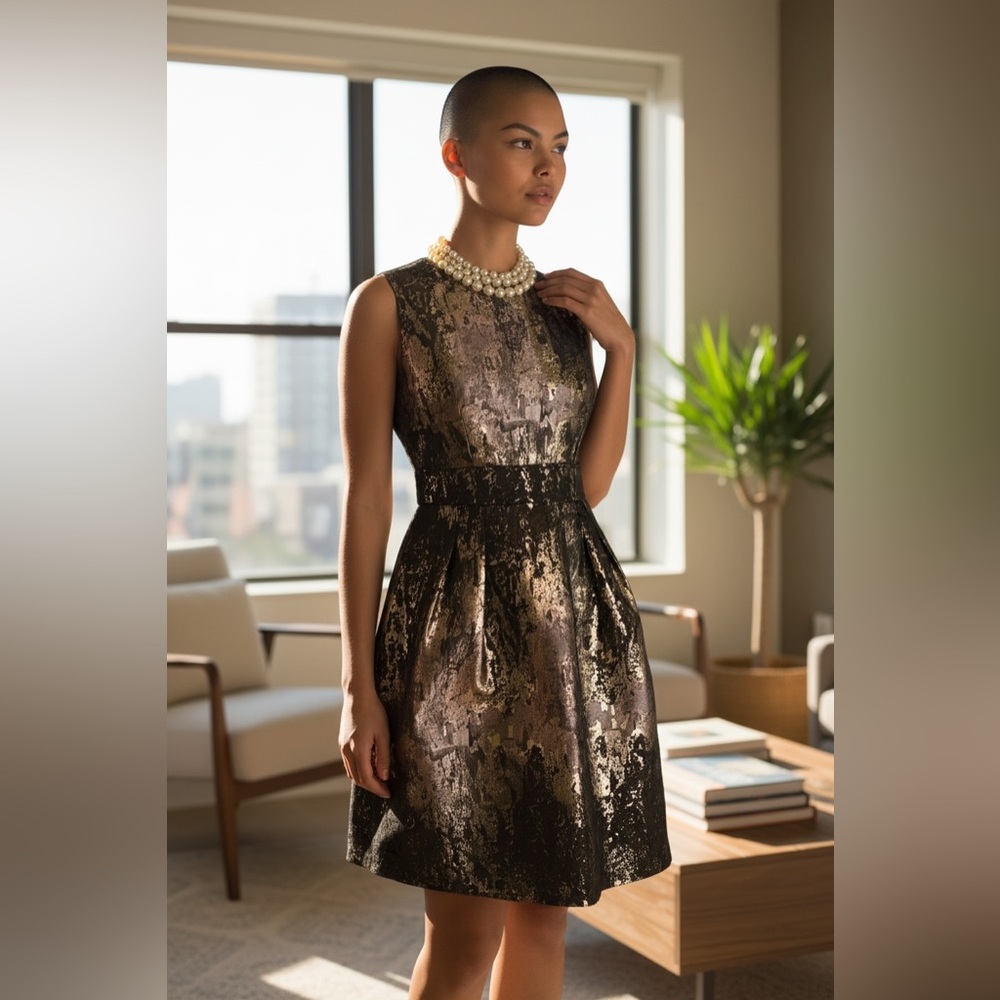 Vince Camuto Metallic Black and Gold Jacquard Sleeveless Mini Dress